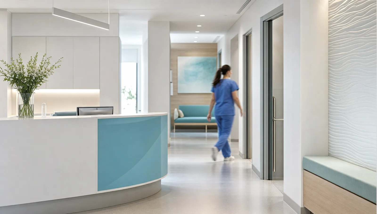 Pasillo de recepción de una clínica moderna con luz natural